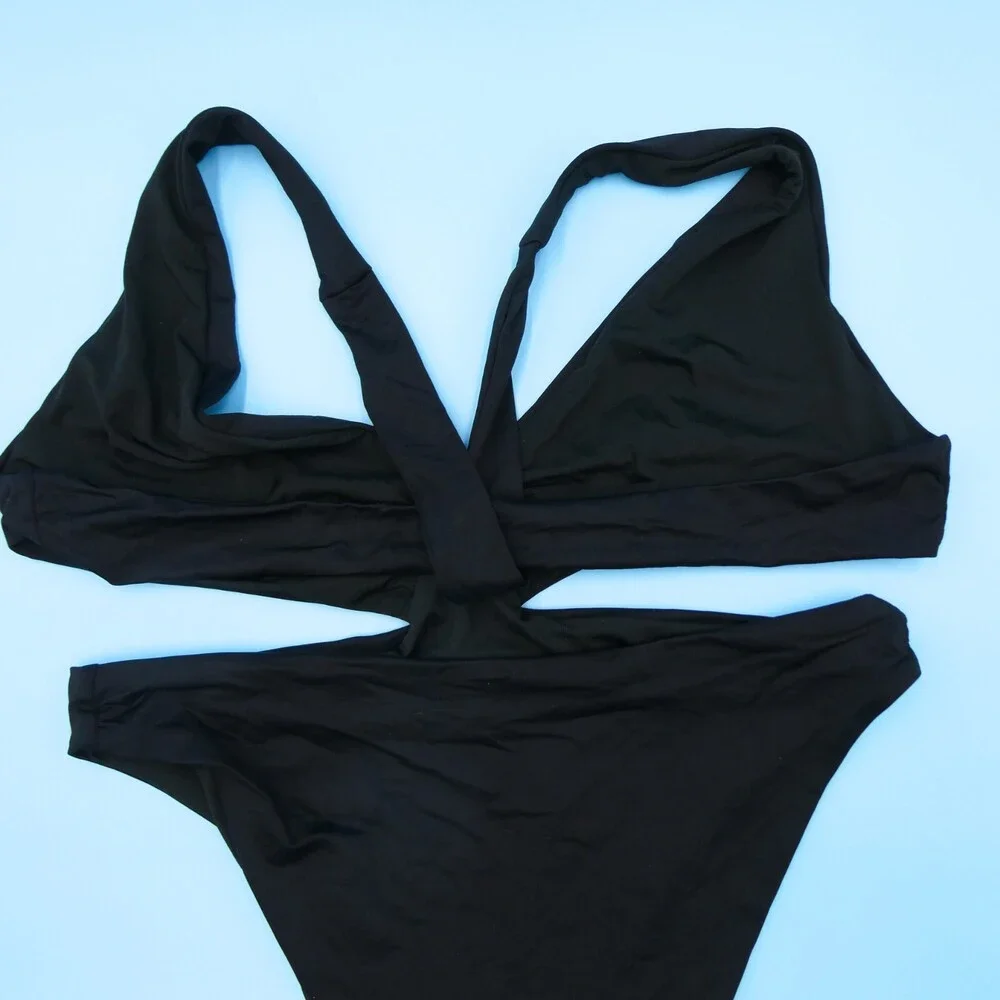 Agua Bendita Medium Black Smooth‎ One Piece Ruffle Swimsuit Cutout Strappy Beach